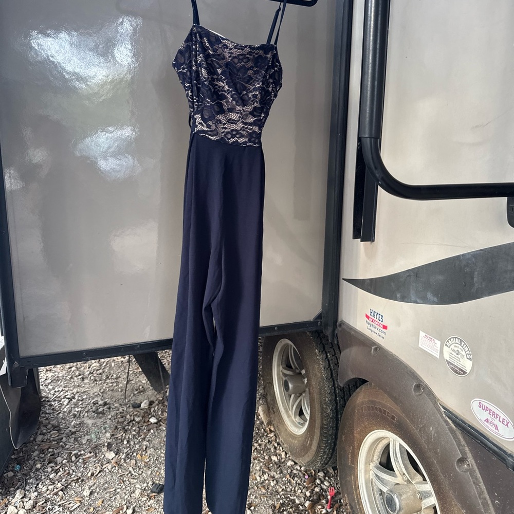 Teeze Me Navy Lace Bodice Jumpsuit with Spaghetti Straps